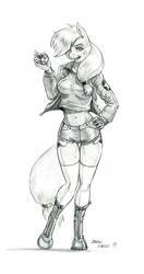 Size: 700x1326 | Tagged: safe, artist:baron engel, applejack, anthro, unguligrade anthro, anime, belly button, clothes, crossover, freckles, girls und panzer, grayscale, kay, midriff, monochrome, open mouth, pencil drawing, saunders, shorts, simple background, solo, traditional art, white background