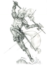 Size: 950x1308 | Tagged: safe, artist:baron engel, applejack, anthro, earth pony, unguligrade anthro, action pose, armor, arrow, female, grayscale, leaping, mare, monochrome, pencil drawing, plate armor, polearm, poleaxe, running, simple background, sketch, solo, sword, traditional art, weapon, white background