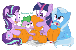 Size: 1000x650 | Tagged: safe, artist:dm29, derpibooru import, spike, starlight glimmer, trixie, twilight sparkle, dragon, pony, unicorn, annoyed, dialogue, eating, halloween, herbivore, holiday, horses doing horse things, newspaper, open mouth, pumpkin, pumpkin carving, simple background, sitting, tongue out, transparent background, unamused