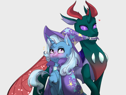 Size: 896x675 | Tagged: safe, artist:gamblingfoxinahat, derpibooru import, pharynx, trixie, changedling, changeling, classical unicorn, pony, unicorn, blushing, cape, chest fluff, clothes, cloven hooves, female, hat, leonine tail, male, mare, mouth hold, phartrix, prince pharynx, shipping, simple background, trixie's cape, trixie's hat, unshorn fetlocks, white background