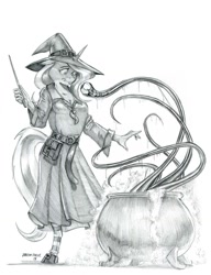 Size: 1100x1429 | Tagged: safe, artist:baron engel, trixie, anthro, unguligrade anthro, unicorn, belt, body horror, cauldron, clothes, eldritch abomination, eye monster, female, grayscale, harry potter, hat, hogwarts, i've seen enough hentai to know where this is going, looking at you, magic wand, mare, monochrome, pencil drawing, pouch, robes, shoes, simple background, socks, spell, spell gone wrong, striped socks, tentacles, traditional art, universe, wand, white background, witch hat