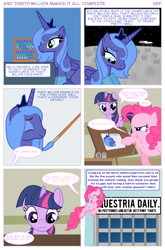 Size: 645x977 | Tagged: safe, artist:sefling, pinkie pie, princess luna, twilight sparkle, alicorn, earth pony, pony, abacus, artifact, comic, equestria daily, milestone, s1 luna