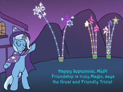 Size: 800x600 | Tagged: safe, artist:lurks-no-more, derpibooru import, trixie, bipedal, cape, clothes, female, fireworks, happy birthday mlp:fim, hat, mlp fim's seventh anniversary, night, solo, trixie's cape, trixie's hat