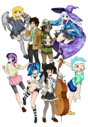 Size: 2100x3000 | Tagged: safe, artist:magico-enma, derpibooru import, bon bon, daring do, derpy hooves, dj pon-3, doctor whooves, lyra heartstrings, octavia melody, sweetie drops, trixie, vinyl scratch, human, background pony, background six, cello, clothes, high res, humanized, light skin, moderate dark skin, musical instrument, simple background, sonic screwdriver, transparent background, winged humanization, wings
