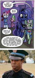 Size: 568x1258 | Tagged: safe, edit, idw, princess luna, spike, alicorn, dragon, pony, spoiler:comic, spoiler:comicff14, comic, comparison, cropped, idw advertisement, larvell jones, michael winslow, officer by the book, police academy, preview, ride along