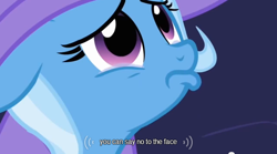 Size: 640x355 | Tagged: safe, derpibooru import, screencap, trixie, pony, unicorn, magic duel, blatant lies, female, mare, meme, solo, youtube caption