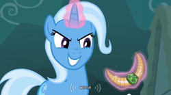 Size: 640x355 | Tagged: safe, derpibooru import, screencap, trixie, pony, unicorn, magic duel, female, magic, mare, meme, solo, youtube caption