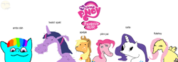 Size: 1733x604 | Tagged: safe, derpibooru import, applejack, fluttershy, pinkie pie, rainbow dash, rarity, twilight sparkle, earth pony, pegasus, pony, unicorn, apeljak, arnbow dah, dolan, flutehsy, pinki pai, rarite, twalot spakl