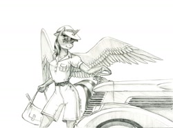 Size: 1400x1044 | Tagged: safe, artist:baron engel, twilight sparkle, twilight sparkle (alicorn), alicorn, anthro, car, clothes, female, grayscale, hat, mare, monochrome, pencil drawing, simple background, smiling, solo, traditional art, white background