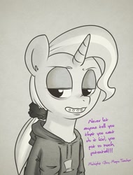 Size: 1049x1380 | Tagged: safe, artist:raph13th, derpibooru import, trixie, pony, unicorn, braces, clothes, female, hoodie, mare, smiling, solo, yearbook, yearbook photo, younger