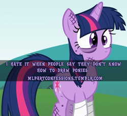 Size: 500x456 | Tagged: safe, derpibooru import, twilight sparkle, unicorn twilight, pony, unicorn, bandage, meta, pony confession, text