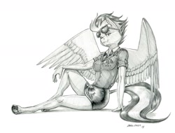 Size: 1400x1062 | Tagged: safe, artist:baron engel, spitfire, anthro, pegasus, unguligrade anthro, aviator glasses, beautiful, clothes, cute, female, glasses, grayscale, legs, looking at you, mare, miniskirt, monochrome, necktie, pencil drawing, simple background, sketch, skirt, skirt lift, smiling, solo, sunglasses, thighs, traditional art, uniform, white background