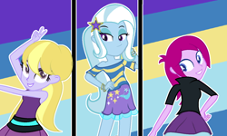 Size: 1314x788 | Tagged: safe, artist:princessfireshiner, derpibooru import, fuchsia blush, lavender lace, trixie, dance magic, equestria girls, spoiler:eqg specials, clothes, cute, female, skirt, split screen, trio, trixie and the illusions