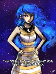 Size: 720x960 | Tagged: safe, artist:lumineko, princess luna, human, clothes, dress, humanized, looking at you, meme, moonbutt, praise the moon, solo, white and gold or black and blue dress meme