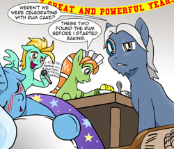 Size: 1024x875 | Tagged: safe, artist:adenyne, derpibooru exclusive, derpibooru import, lightning dust, trixie, oc, oc:mary annette, oc:ravenclock, earth pony, pegasus, pony, unicorn, banner, blushing, bottle, cake, drunk, female, food, grammar error, great and powerful, happy birthday mlp:fim, hoof hold, male, mare, microphone, mlp fim's seventh anniversary, party, rainbow (song), rum, singing, sleeping, stallion, the great and alcoholics trixie