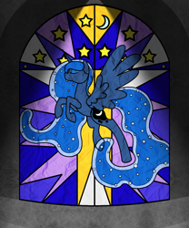 Size: 1250x1500 | Tagged: safe, artist:ahaintthatbad, princess luna, alicorn, pony, eyes closed, flying, solo, stained glass