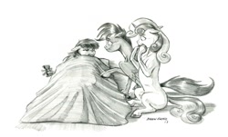 Size: 1400x843 | Tagged: safe, artist:baron engel, apple bloom, scootaloo, sweetie belle, earth pony, pegasus, pony, unicorn, bow, cutie mark crusaders, female, filly, grayscale, hair bow, implied depression, monochrome, pencil drawing, simple background, story included, traditional art, trio, white background