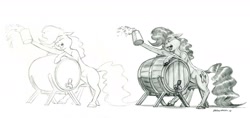 Size: 1751x823 | Tagged: safe, artist:baron engel, pinkie pie, earth pony, pony, barrel, cider, female, grayscale, mare, monochrome, palindrome get, pencil drawing, simple background, sketch, tankard, traditional art, white background