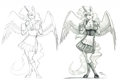 Size: 1764x1186 | Tagged: safe, artist:baron engel, princess celestia, alicorn, anthro, bar maid, breasts, cleavage, female, monochrome, pencil drawing, solo, traditional art, waitress