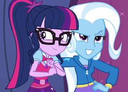 Size: 782x564 | Tagged: safe, artist:themexicanpunisher, derpibooru import, sci-twi, trixie, twilight sparkle, equestria girls, clothes, female, glasses, hand on hip, lesbian, sci-twixie, shipping, side hug, smiling, twixie