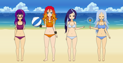 Size: 1366x706 | Tagged: safe, artist:roseprincessmitia, derpibooru import, starlight glimmer, sunset shimmer, trixie, twilight sparkle, human, alternate hairstyle, ball, barefoot, beach, beach ball, belly button, clothes, counterparts, eyes closed, feet, female, glasses, humanized, kisekae, ocean, open mouth, spiked wristband, swimsuit, twilight's counterparts, wand, wristband