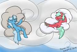 Size: 1000x685 | Tagged: safe, artist:midnight-wizard, derpibooru import, trixie, oc, oc:headcase, ask-stoned-trixie, cloud, cloudy, drugs, stoned trixie, unshorn fetlocks