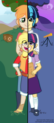 Size: 700x1580 | Tagged: safe, artist:daeternal, derpibooru import, applejack, big macintosh, shining armor, twilight sparkle, apple, bbbff, book, brother and sister, clothes, female, humanized, male, siblings, skirt, split screen, telescope