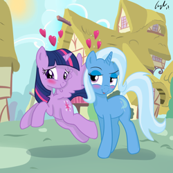 Size: 5000x5000 | Tagged: safe, artist:matimus91, derpibooru import, trixie, twilight sparkle, twilight sparkle (alicorn), alicorn, pony, absurd resolution, blushing, female, heart, lesbian, mare, shipping, twixie