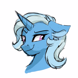 Size: 3000x3000 | Tagged: dead source, safe, artist:scarletskitty12, derpibooru import, trixie, pony, unicorn, bust, female, floppy ears, mare, simple background, sketch, smiling, smirk, solo, white background