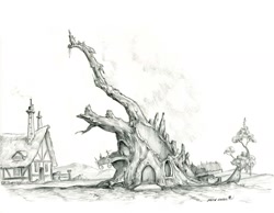 Size: 1400x1085 | Tagged: safe, artist:baron engel, twilight's kingdom, destruction, golden oaks library, grayscale, monochrome, no pony, pencil drawing, scene interpretation, scenery, simple background, smoke, traditional art, tree stump, white background