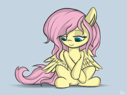 Size: 1600x1200 | Tagged: safe, artist:luminousdazzle, fluttershy, pegasus, pony, chest fluff, cute, shy, shyabetes, simple background, sitting, solo