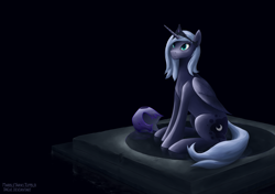 Size: 1719x1207 | Tagged: safe, artist:marbleyarns, princess luna, alicorn, pony, dais, helmet, modified accessory, s1 luna, solo