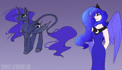 Size: 2500x1452 | Tagged: safe, artist:novabytes, princess luna, classical unicorn, human, human ponidox, humanized, leonine tail, solo, winged humanization