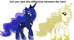 Size: 2560x1400 | Tagged: safe, artist:sulyo, artist:thaecrasis, edit, princess luna, alicorn, pony, image macro, meme, regret, white and gold or black and blue dress meme