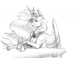 Size: 1400x1109 | Tagged: safe, artist:baron engel, princess celestia, alicorn, pony, female, grayscale, mare, monochrome, pencil drawing, simple background, solo, story included, traditional art, white background