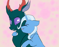 Size: 1280x1024 | Tagged: safe, artist:arirain, derpibooru import, pharynx, trixie, changedling, changeling, pony, unicorn, cuddling, female, hug, male, mare, phartrix, prince pharynx, shipping, smiling, stallion, straight