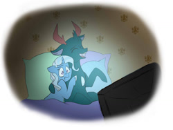 Size: 1184x891 | Tagged: safe, artist:arirain, derpibooru import, pharynx, trixie, changedling, changeling, pony, unicorn, bed, female, laughing, male, mare, phartrix, pillow, prince pharynx, scared, shipping, stallion, straight, television, watching tv