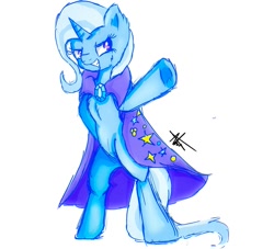 Size: 1101x1000 | Tagged: safe, artist:radiobrony34, derpibooru import, trixie, pony, unicorn, bipedal, cape, cheek fluff, chest fluff, clothes, female, fluffy, grin, mare, pointing, signature, simple background, smiling, solo, trixie's cape, white background