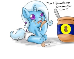 Size: 999x799 | Tagged: safe, artist:mare--in--the--moon, derpibooru import, trixie, pony, baby, baby pony, cute, diaper, foal, food, hoof licking good, jar, messy, peanut butter, peanut butter crackers, solo