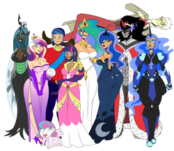 Size: 3000x2600 | Tagged: safe, artist:chillguydraws, derpibooru import, discord, king sombra, nightmare moon, princess cadance, princess celestia, princess flurry heart, princess luna, queen chrysalis, shining armor, twilight sparkle, human, unicorn, big breasts, breasts, clothes, dress, female, headlight sparkle, humanized, lipstick, milf, moonbutt, princess balloona, princess breastia, princess cansdance, queen chrysaltits, smiling