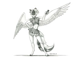 Size: 1400x1064 | Tagged: safe, artist:baron engel, songbird serenade, anthro, pegasus, unguligrade anthro, my little pony: the movie, bow, clothes, female, grayscale, hair bow, hair over eyes, legs, mare, microphone, midriff, miniskirt, monochrome, pencil drawing, simple background, sketch, skirt, solo, traditional art, white background
