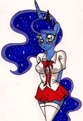 Size: 835x1213 | Tagged: safe, artist:newyorkx3, princess luna, anthro, breasts, clothes, female, schoolgirl, solo, traditional art