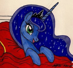 Size: 882x819 | Tagged: safe, artist:newyorkx3, princess luna, alicorn, pony, bed, bedroom eyes, solo, traditional art