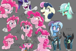 Size: 1800x1200 | Tagged: safe, artist:satv12, derpibooru import, bon bon, lyra heartstrings, pinkie pie, queen chrysalis, rarity, sweetie drops, trixie, changeling, changeling queen, earth pony, pony, unicorn, fame and misfortune, secrets and pies, :3, angry, bloodshot eyes, blushing, bust, eyes closed, faic, floppy ears, gray background, open mouth, pipe, simple background, sketch, sketch dump, smiling, wavy mouth, why i'm creating a gown darling