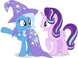 Size: 8000x6000 | Tagged: safe, artist:caliazian, derpibooru import, starlight glimmer, trixie, pony, unicorn, to change a changeling, .ai available, absurd resolution, cape, clothes, duo, hat, raised hoof, simple background, transparent background, trixie's cape, trixie's hat, underhoof, vector