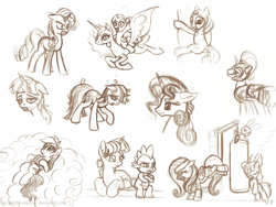 Size: 1000x750 | Tagged: safe, artist:kp-shadowsquirrel, derpibooru import, apple bloom, fluttershy, rainbow dash, rarity, spike, twilight sparkle, dragon, pegasus, pony, unicorn, monochrome, punching bag, sketch, sketch dump, tired