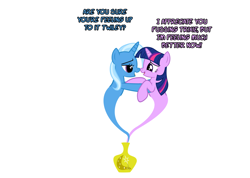 Size: 1048x746 | Tagged: safe, artist:navitaserussirus, derpibooru import, trixie, twilight sparkle, pony, asktwixiegenies, cropped, female, genie, lesbian, shipping, twixie