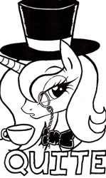 Size: 400x671 | Tagged: safe, artist:ricedawg, princess luna, alicorn, pony, black and white, bowtie, classy, grayscale, hat, monochrome, monocle, quite, s1 luna, solo, teacup, top hat