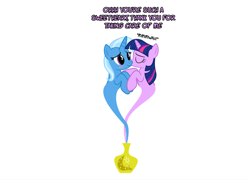 Size: 1048x754 | Tagged: safe, artist:navitaserussirus, derpibooru import, trixie, twilight sparkle, pony, asktwixiegenies, cropped, female, genie, kissing, lesbian, shipping, twixie