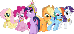 Size: 4000x1876 | Tagged: safe, artist:ryoki-fureaokibi, derpibooru import, applejack, fluttershy, pinkie pie, rainbow dash, rarity, twilight sparkle, unicorn twilight, earth pony, pegasus, pony, unicorn, element of generosity, element of honesty, element of kindness, element of laughter, element of loyalty, element of magic, elements of harmony, female, mane six, mare, raised hoof, simple background, transparent background